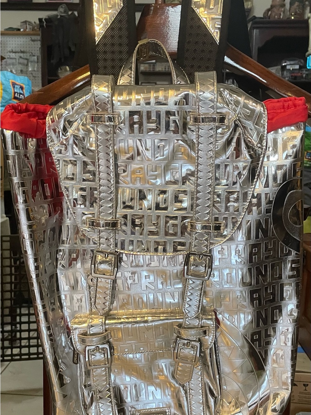 Sprayground Metallic Silver Logo Backpack with Red Accents